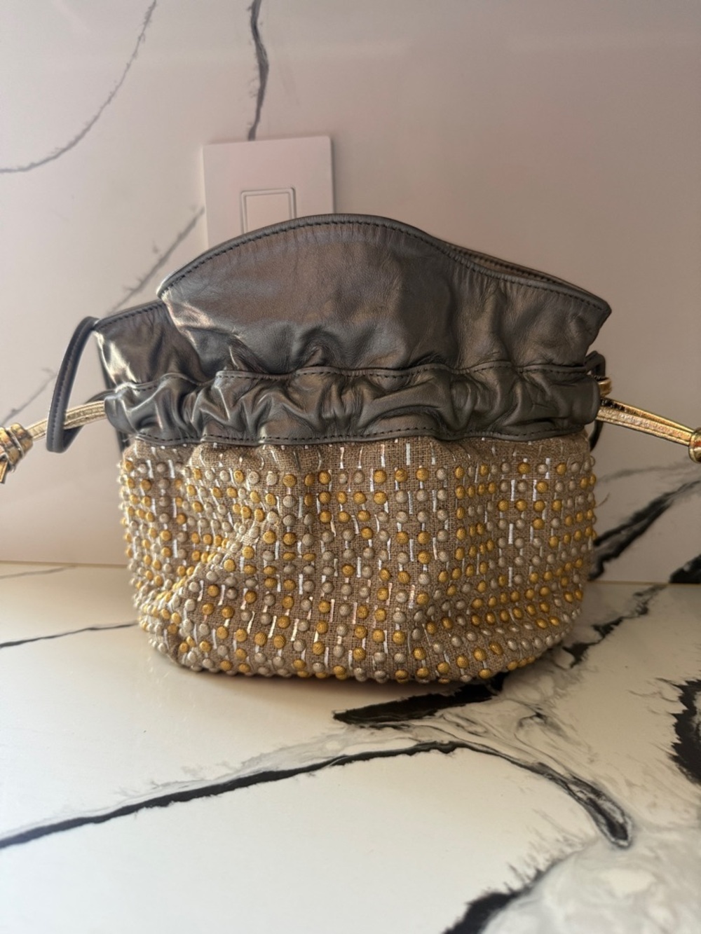 Metallic Gray Mini Beaded Drawstring Bag